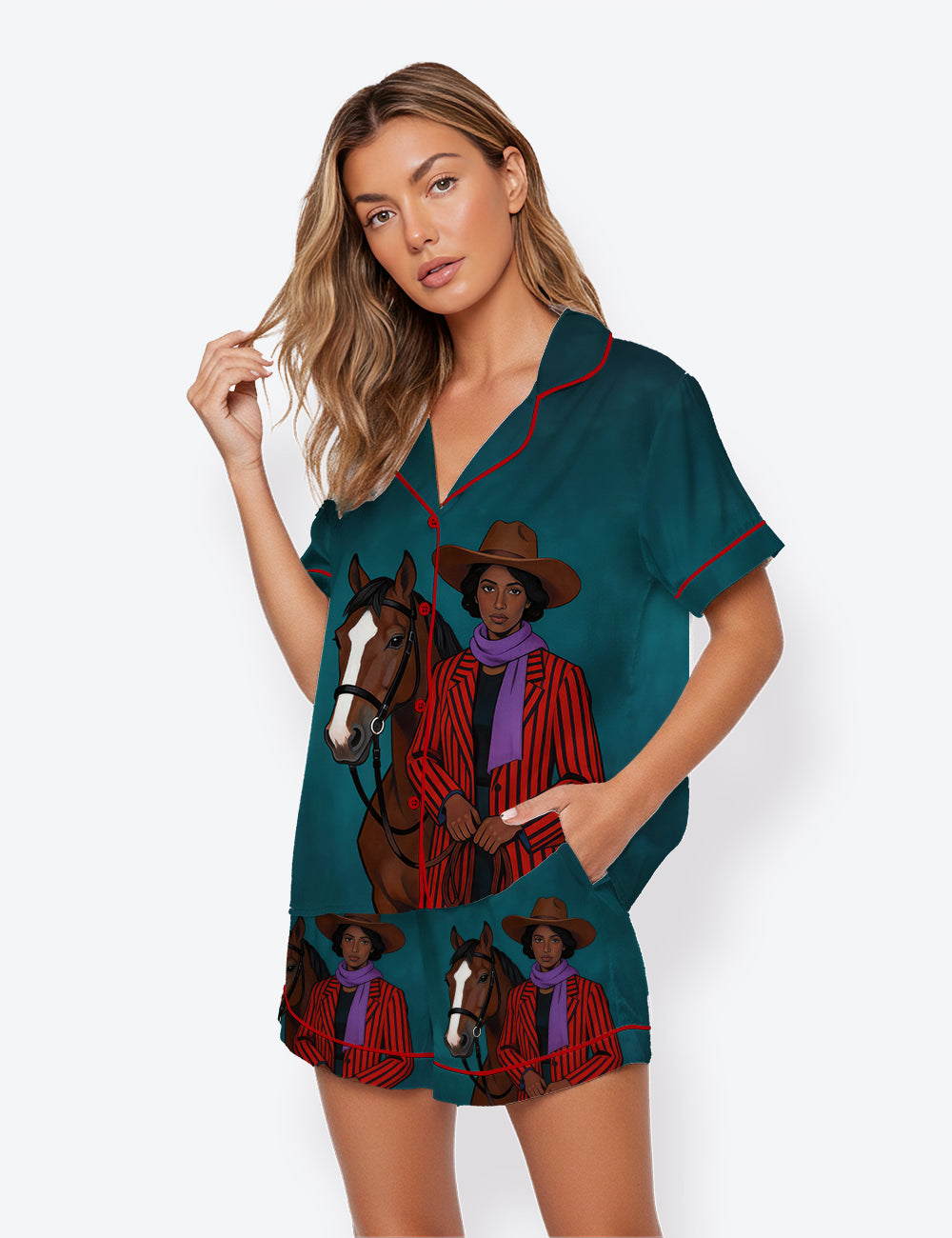 Women’s Cowgirl And Horse Abstract Western Short Sleeve Satin Pajama Set